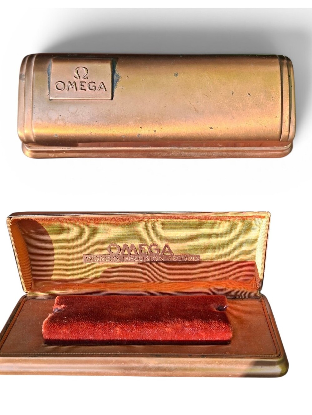 RARE-Vintage Omega Metal Watch Box Case "World's Precision Record" Display Case